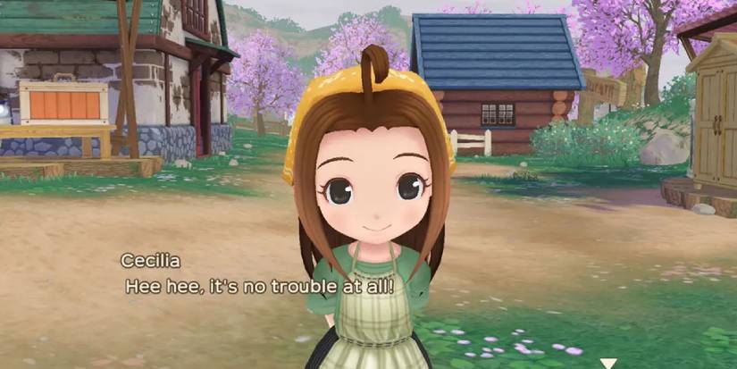 Cecilia addressing the player with proof of her helpful nature. The texte beneath her read 'Hee gee, it's no trouble at all!'