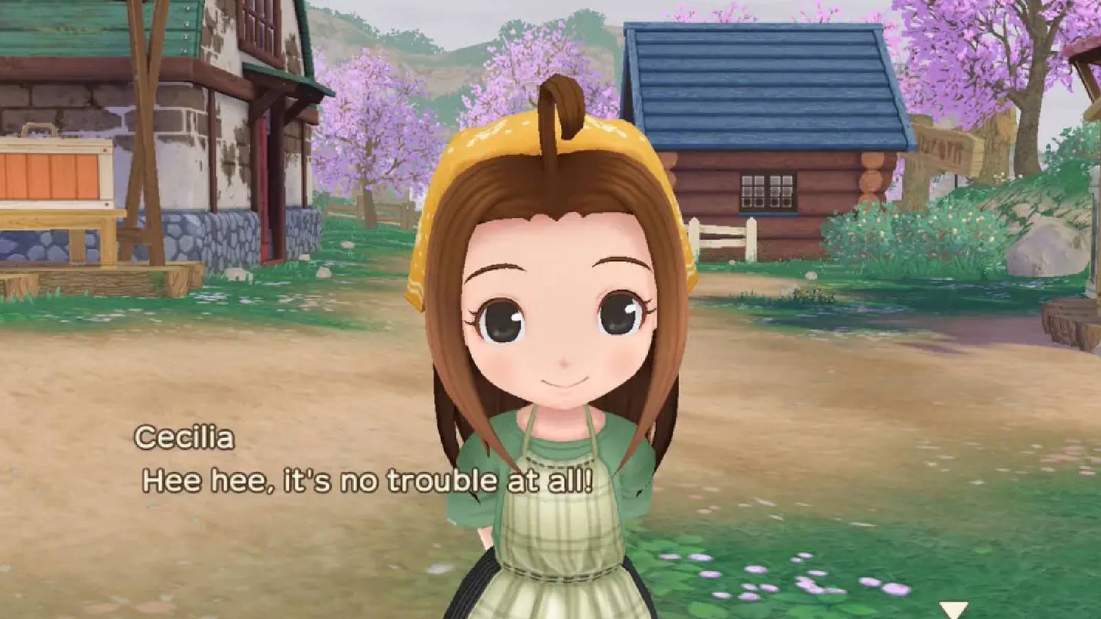 Cecilia addressing the player with proof of her helpful nature. The texte beneath her read 'Hee gee, it's no trouble at all!'