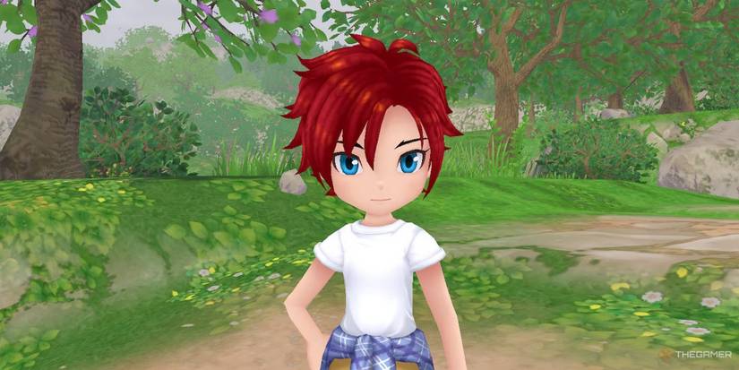 Nami from Story of Seasons, a short haired redhead tomboy, with a neutral expression on her face.