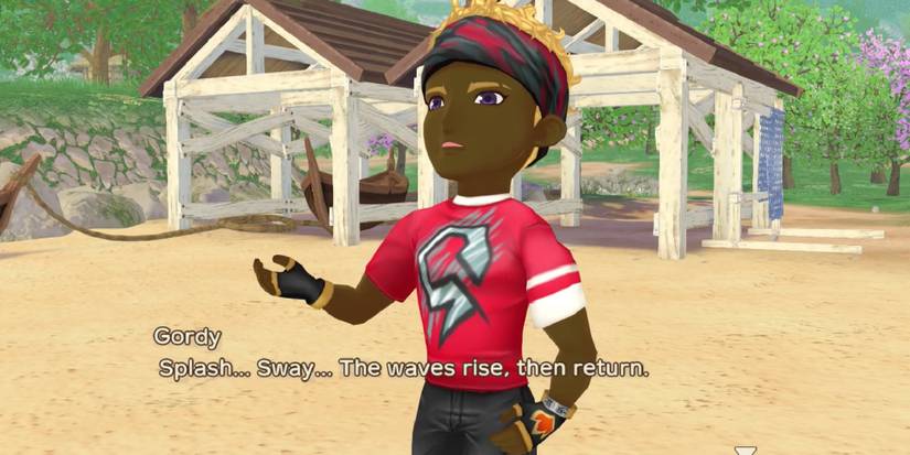 Gordy looks off at the distance on the beach. The text beneath him reads 'Splash... Sway... The waves rise, then return.'