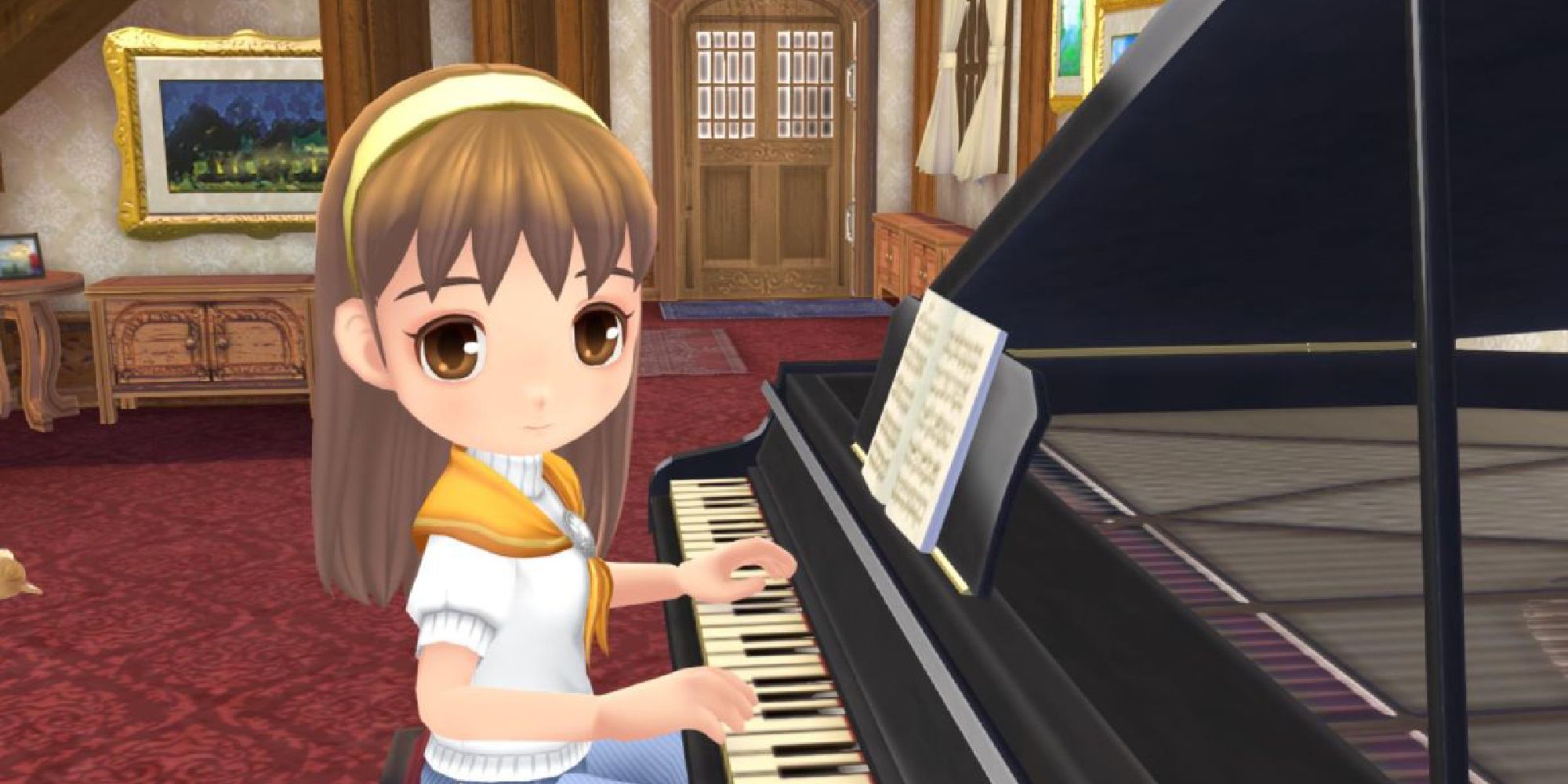 Lumia is sat playing at her piano, though her gaze is directed towards the camera. Behind her is the scene of a luxurious home.  