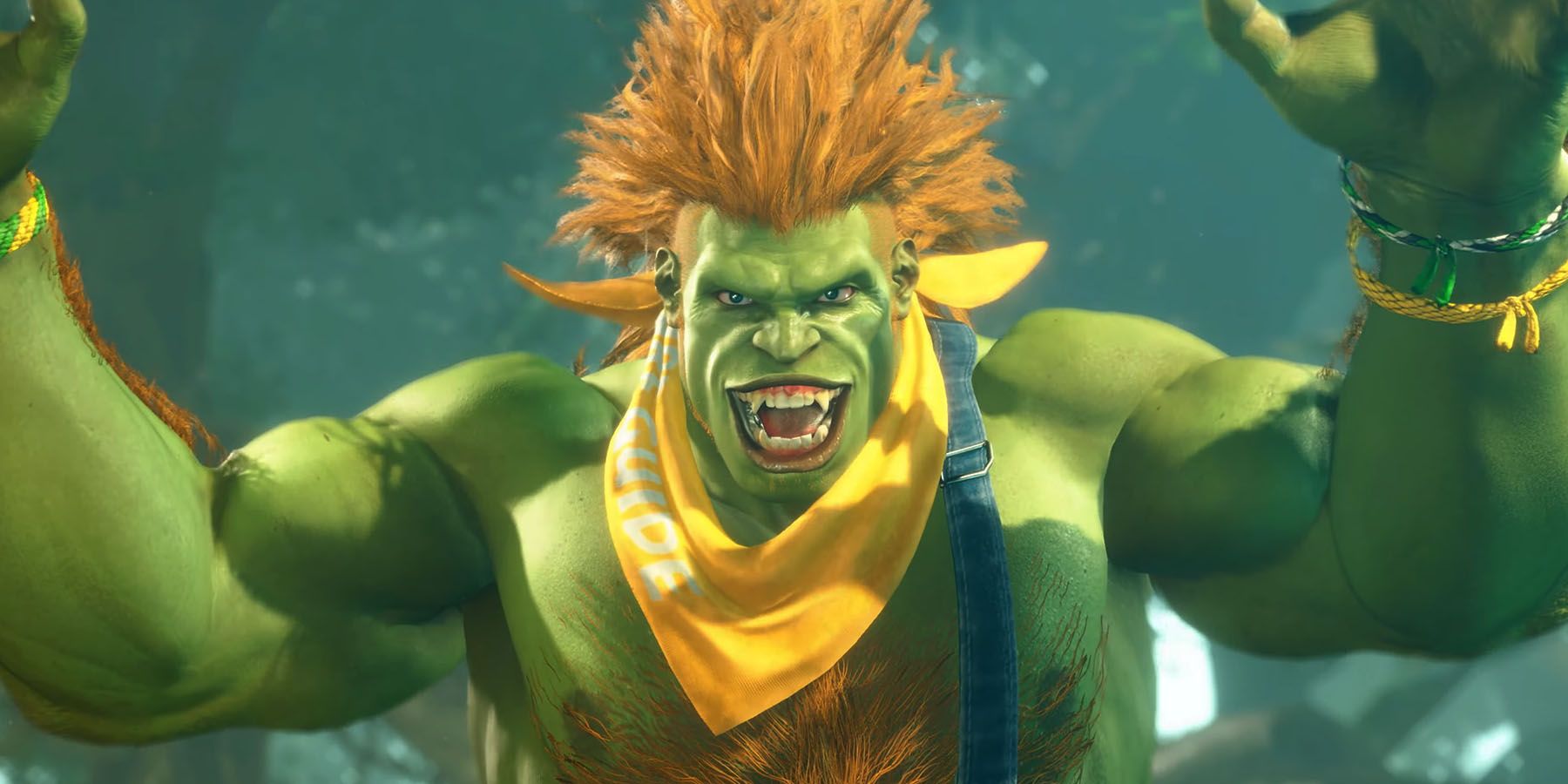 A screenshot of Blanka greeting the player in Street Fighter 6.