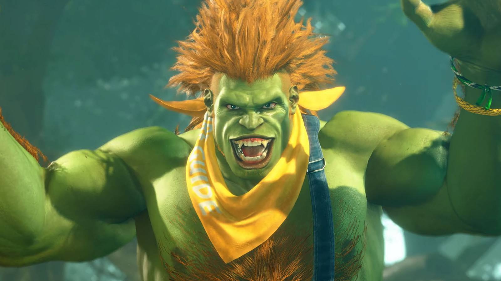 A screenshot of Blanka greeting the player in Street Fighter 6.