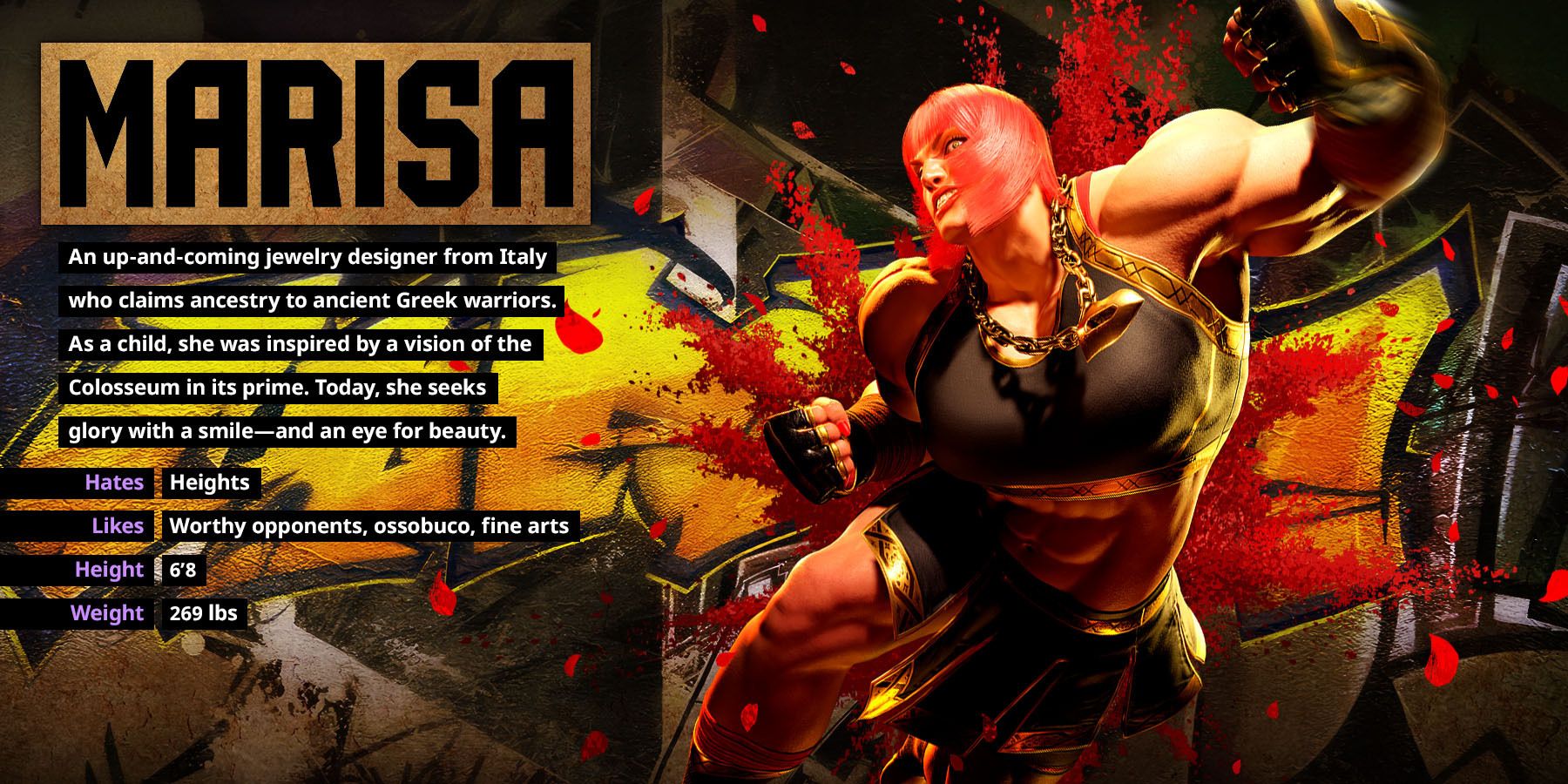 image showing marisa, her backstory, and base stats in street fighter 6.