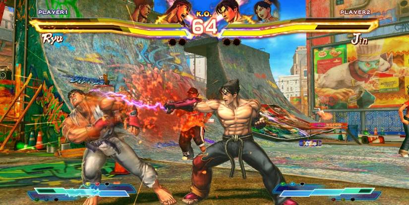 Ryu and Jin, from Street Fighter and Tekken respectively, fighting one another.