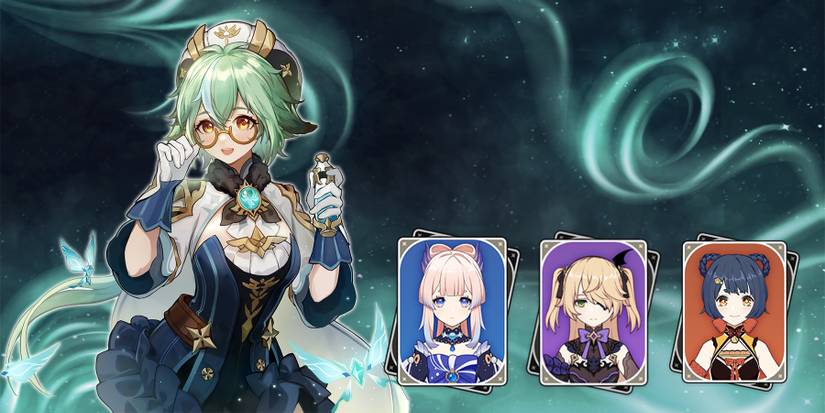 sucrose-kokomi-fischl-and xiangling swirl team in genshin impact