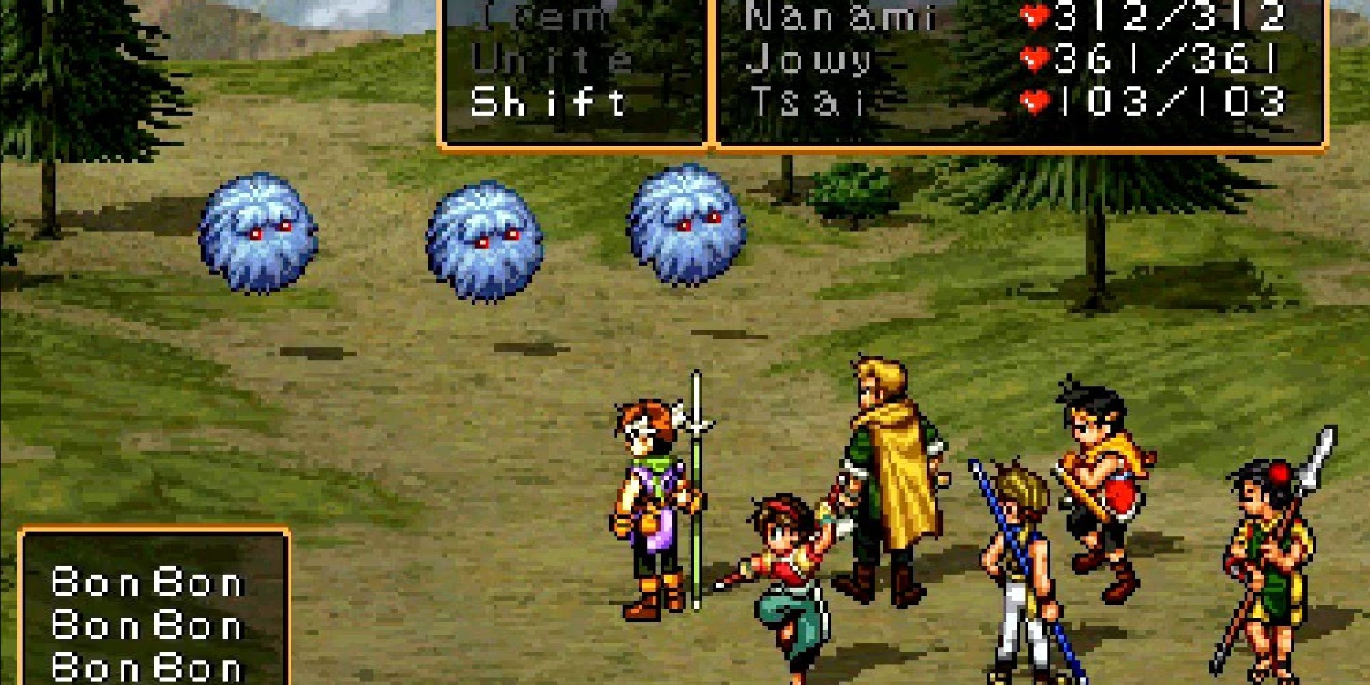 Screenshot illustrating the turn-based combat of Suikoden. 