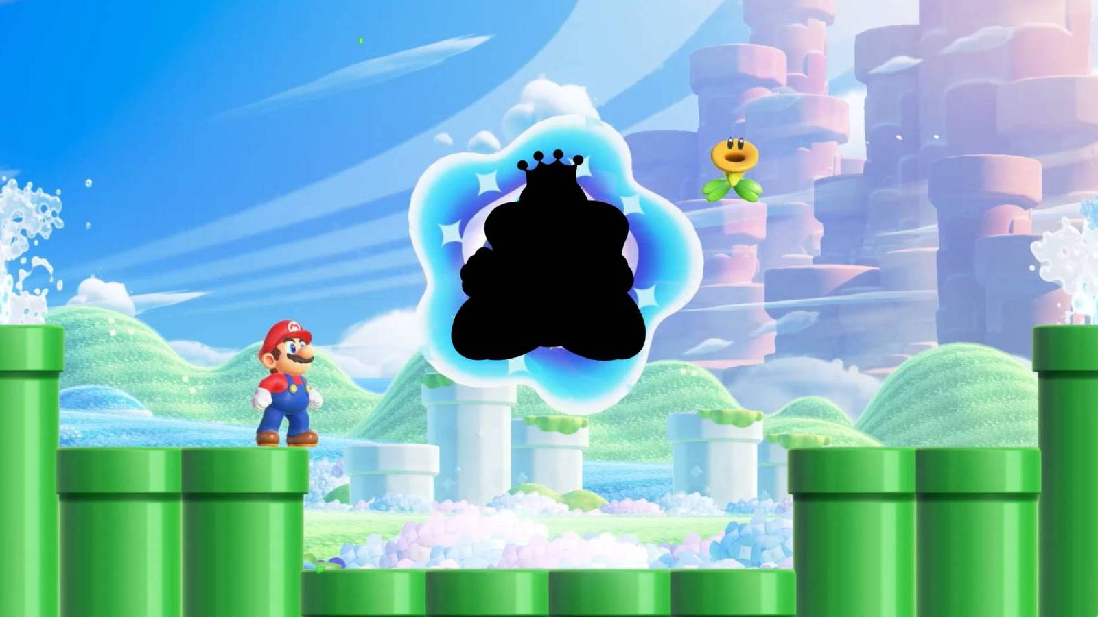 Mario from the Super Mario Bros. Wonder trailer looking as a silhouette of Wart