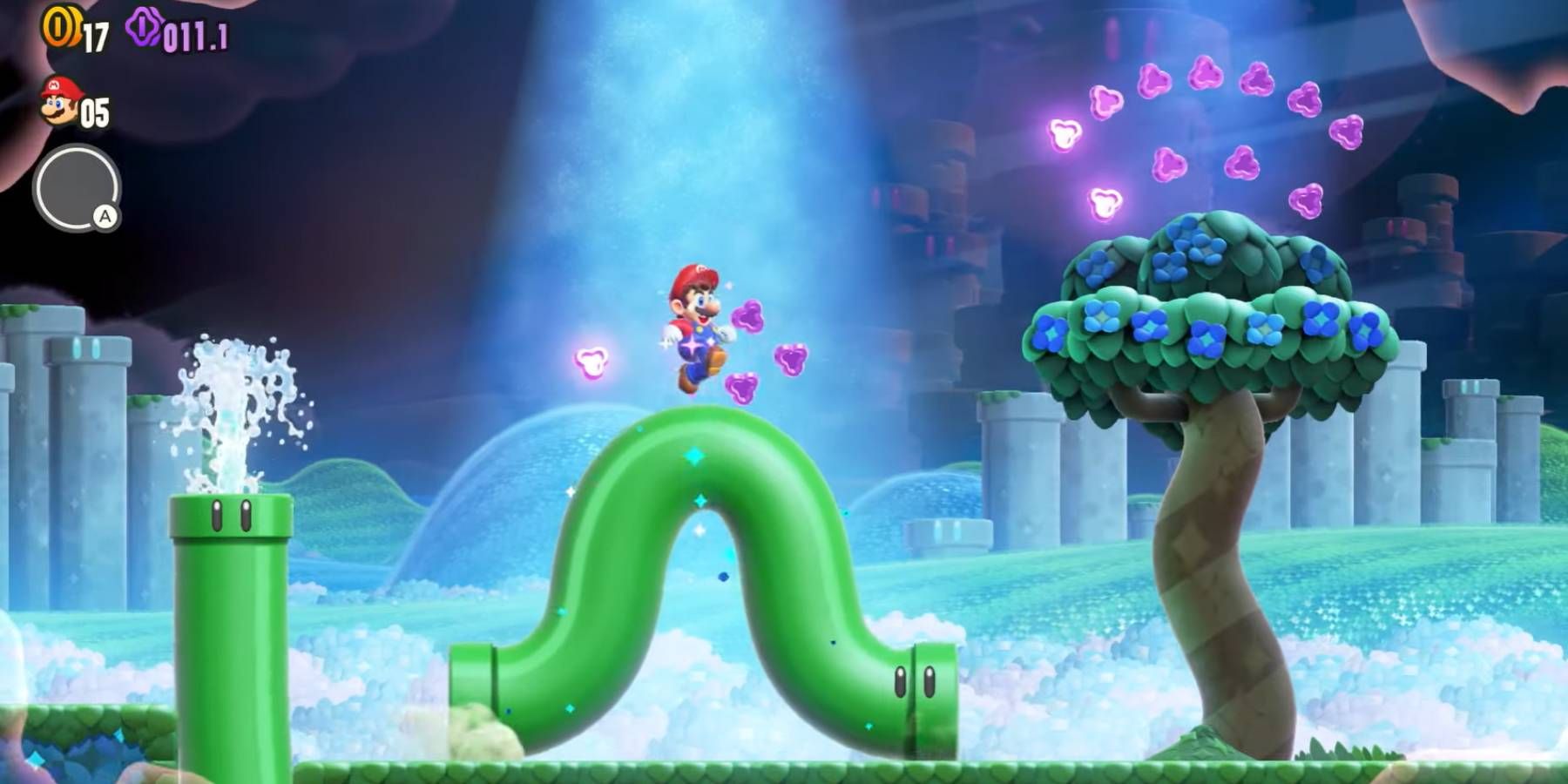 Mario jumping off a living pipe in Super Mario Bros. Wonder