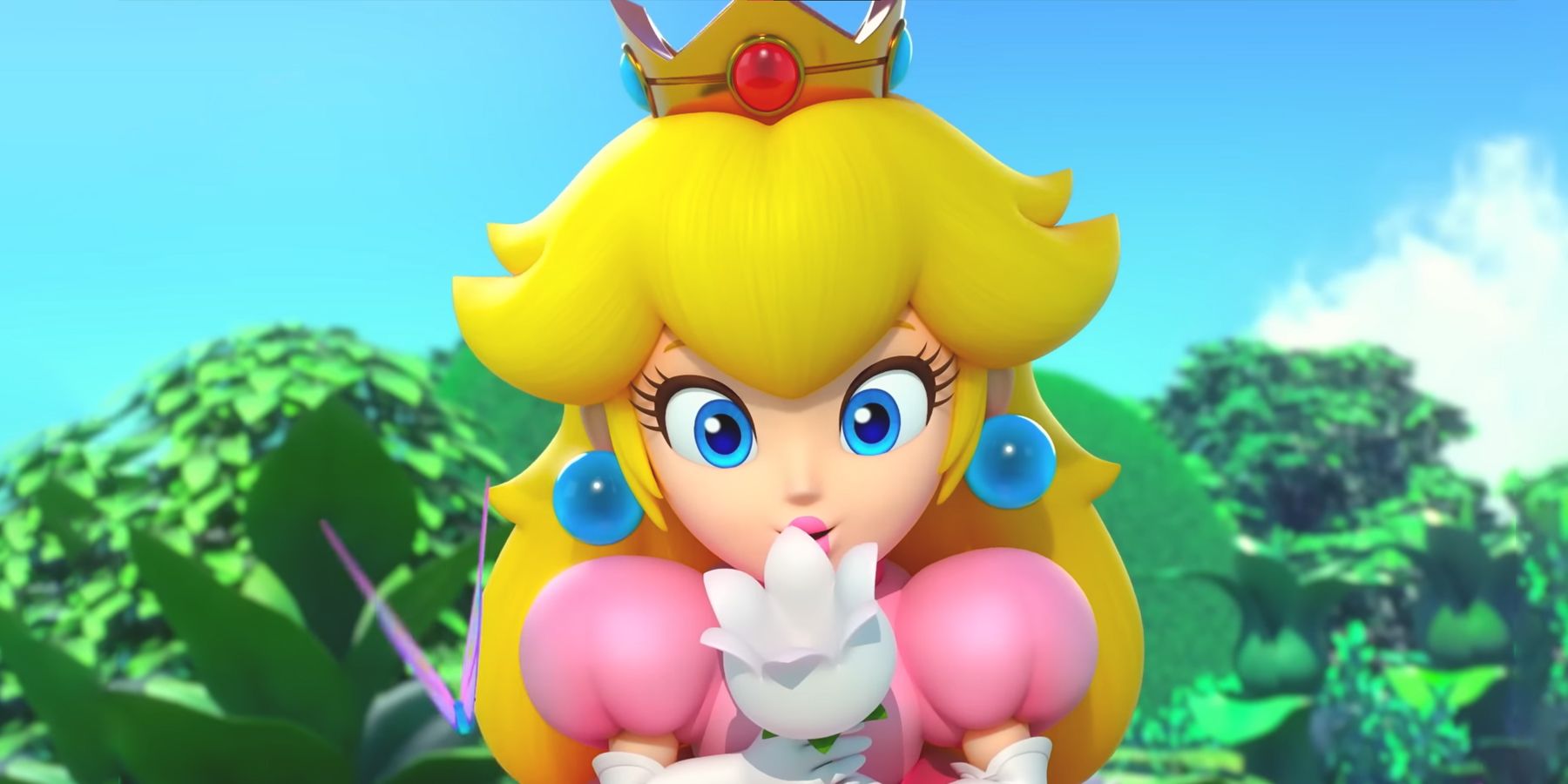 Captura de pantalla del tráiler revelador del remake de Super Mario RPG Princesa Peach sosteniendo una flor