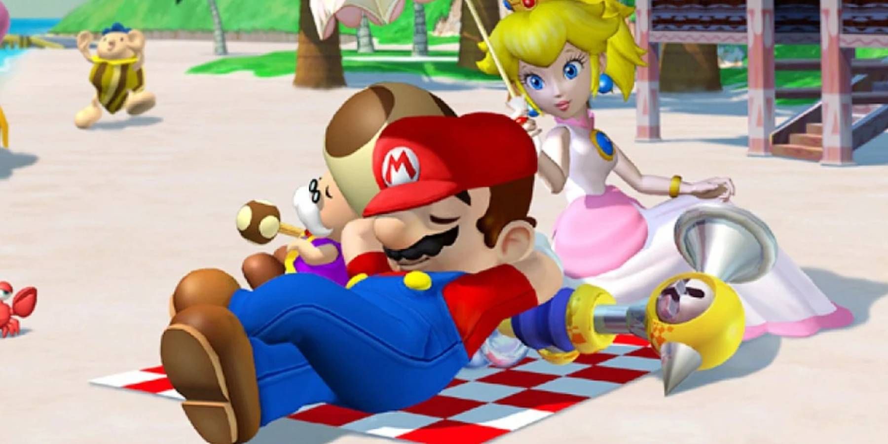 Mario, Princess Peach, and Toadsworth relaxing on the beach in Super Mario Sunshine