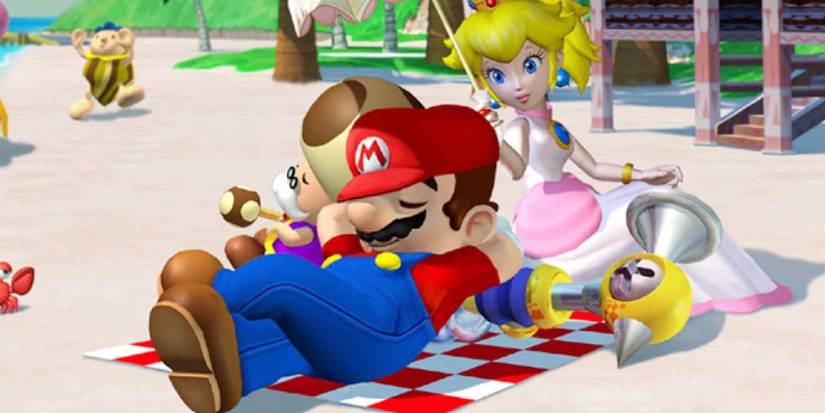 Mario, Princess Peach, and Toadsworth relaxing on the beach in Super Mario Sunshine