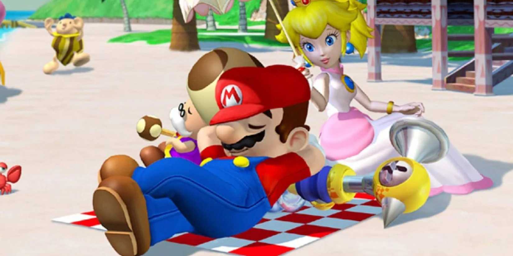 Mario, Princess Peach, and Toadsworth relaxing on the beach in Super Mario Sunshine