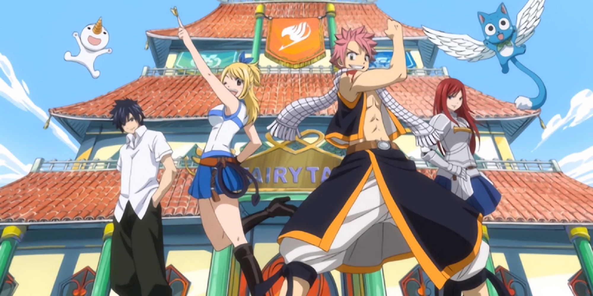 Team Natsu posing in front of the Fairy Tail building in the very first Fairy Tail opening