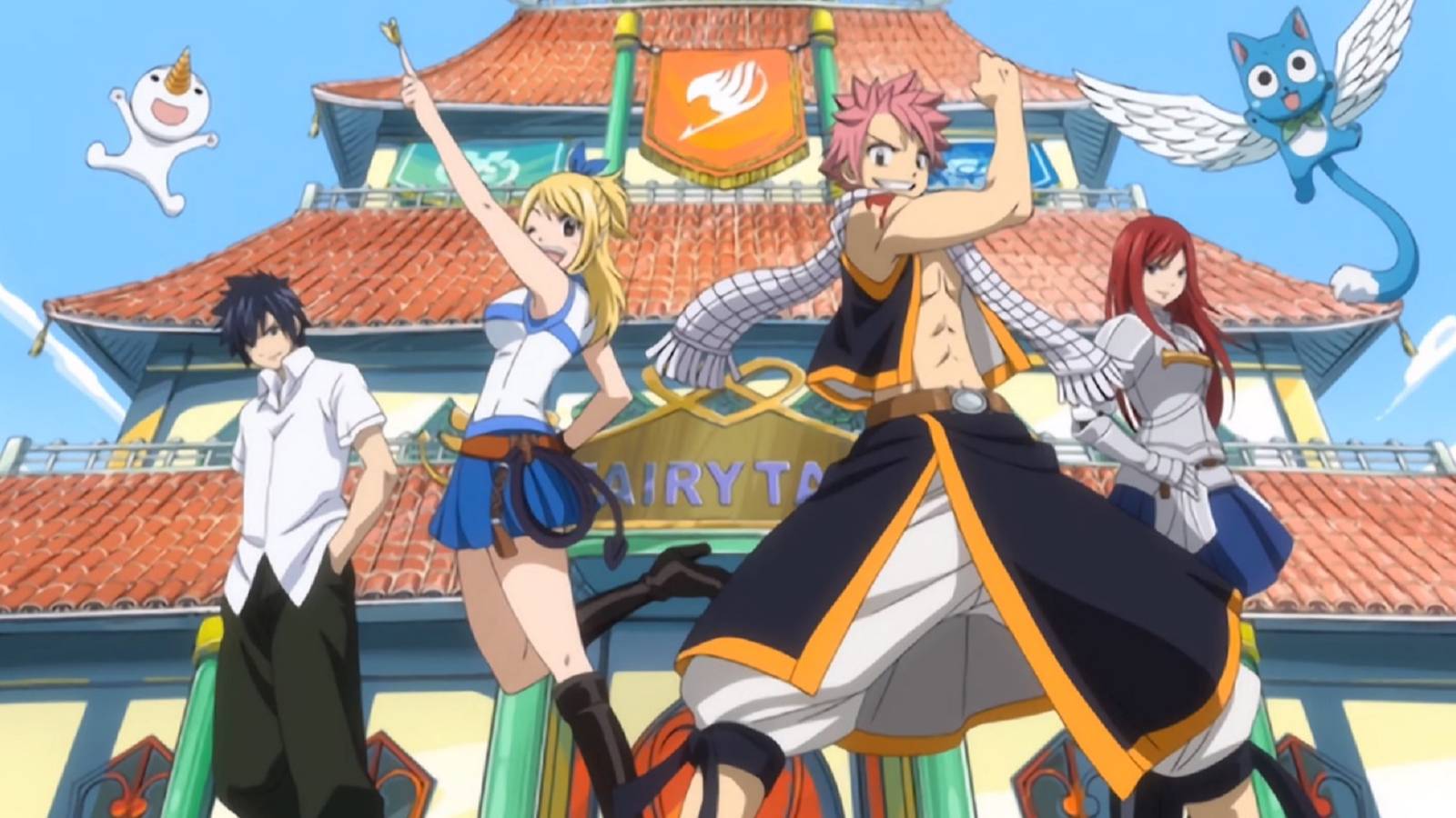 Team Natsu posing in front of the Fairy Tail building in the very first Fairy Tail opening