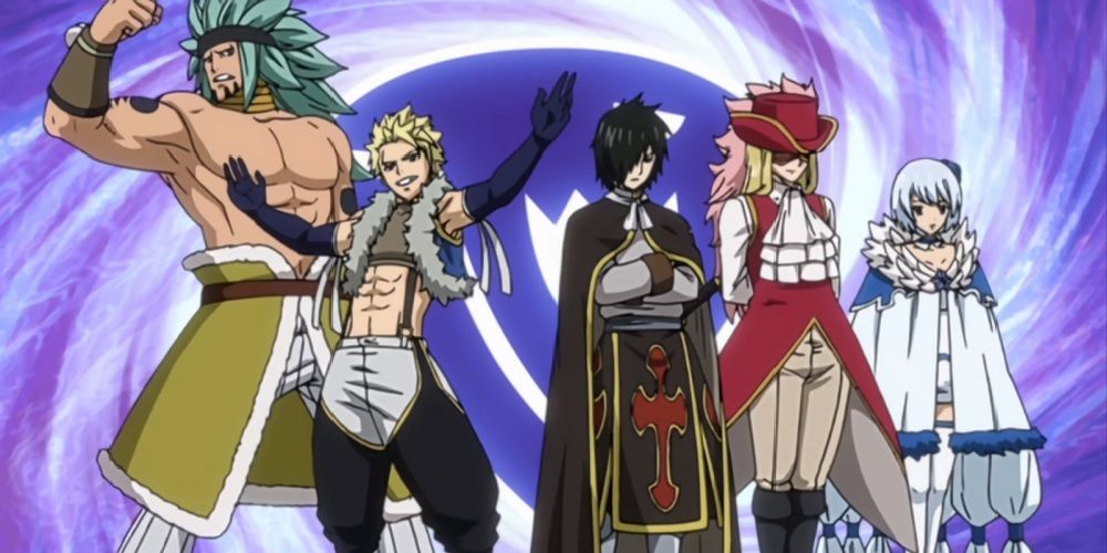 Still shot of Orga, Sting, Rogue, Rufus, and Yukino in Fairy Tail's 13th opening