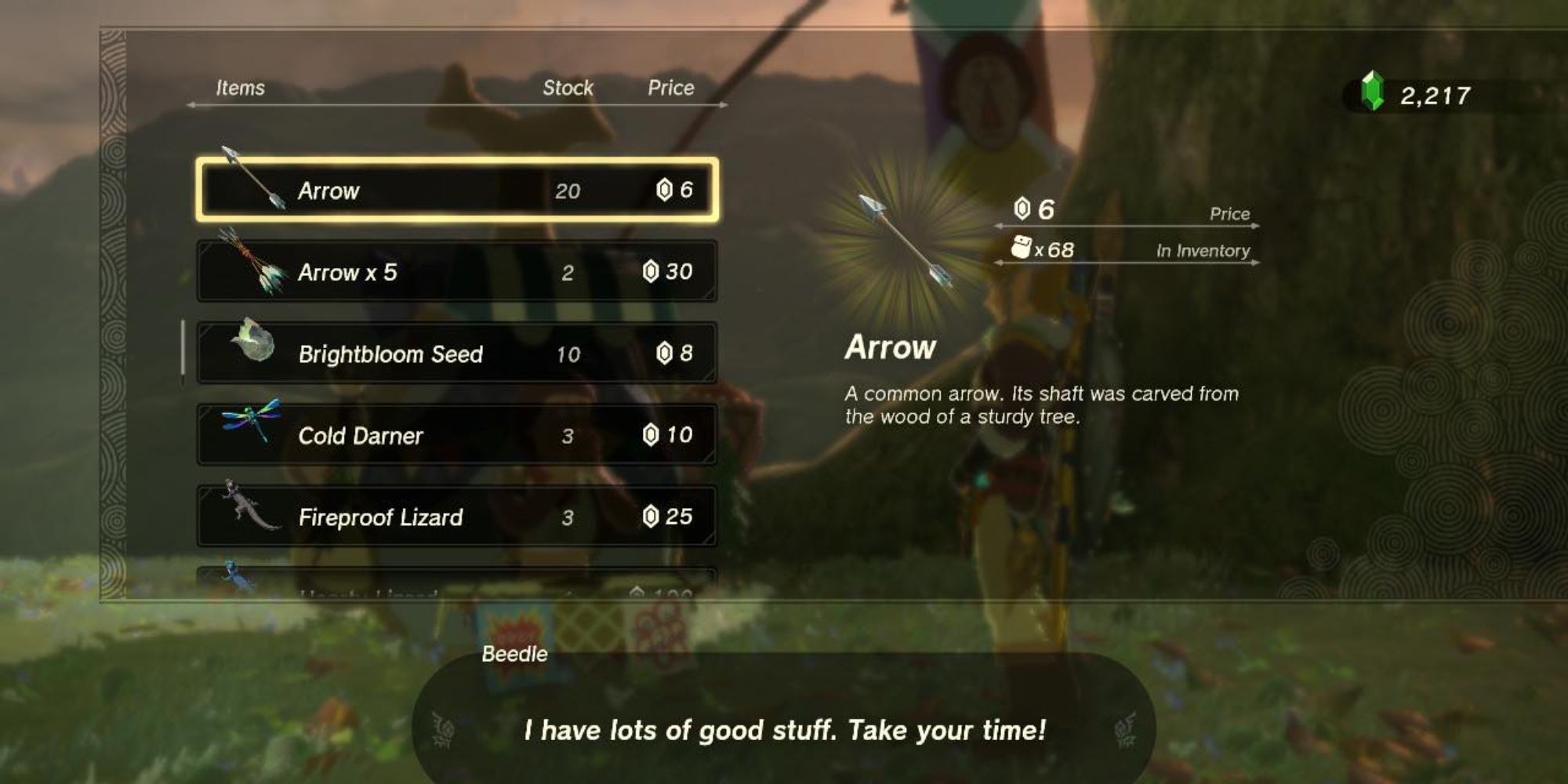 Tears of the Kingdom Beedle Selling Arrows at Woodland Stable