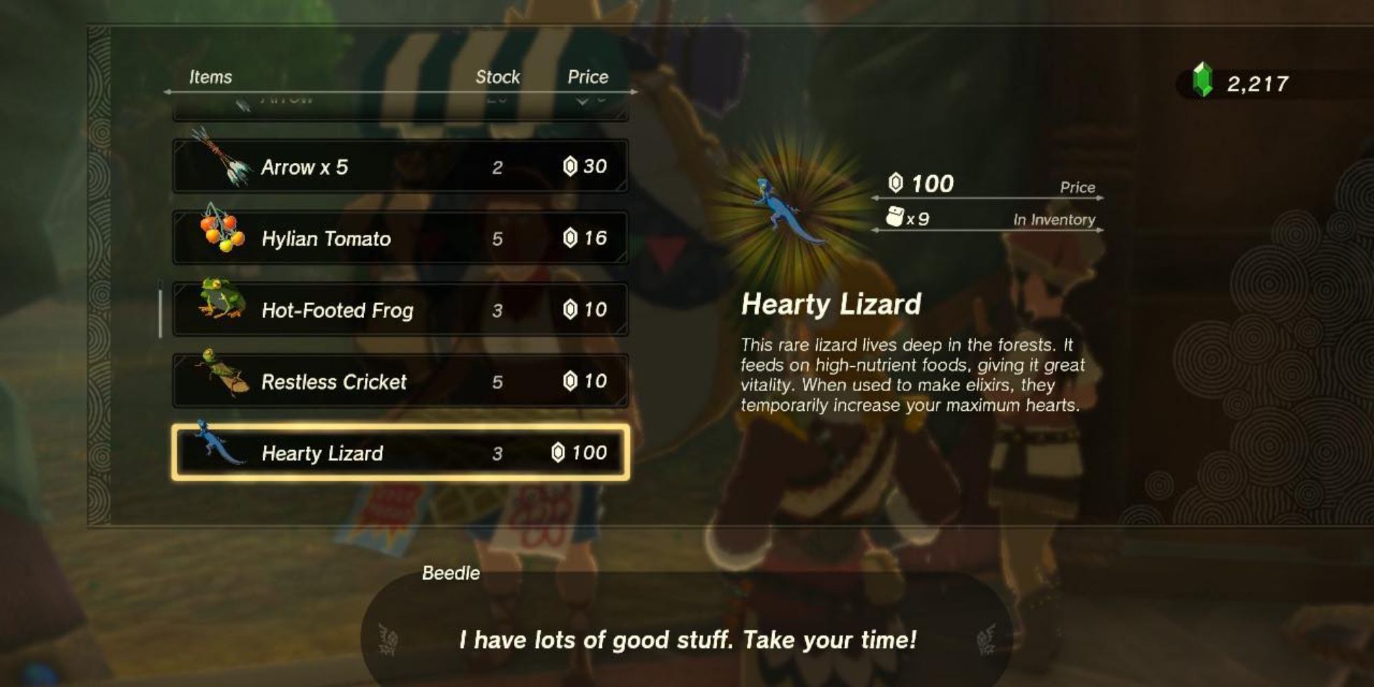 Tears of the Kingdom Beedle Selling Hearty Lizards at Outskirt Stable