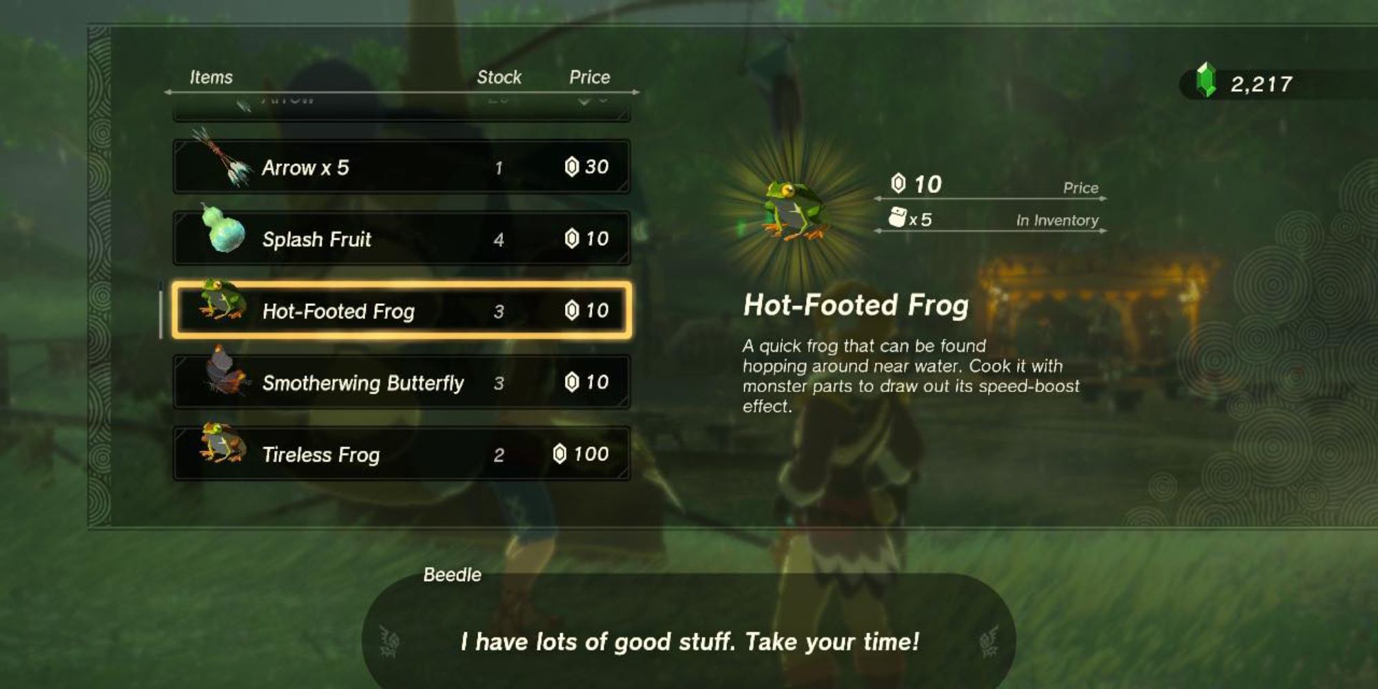 Tears of the Kingdom Beedle Selling Hot-Footed Frogs at Wetland Stable