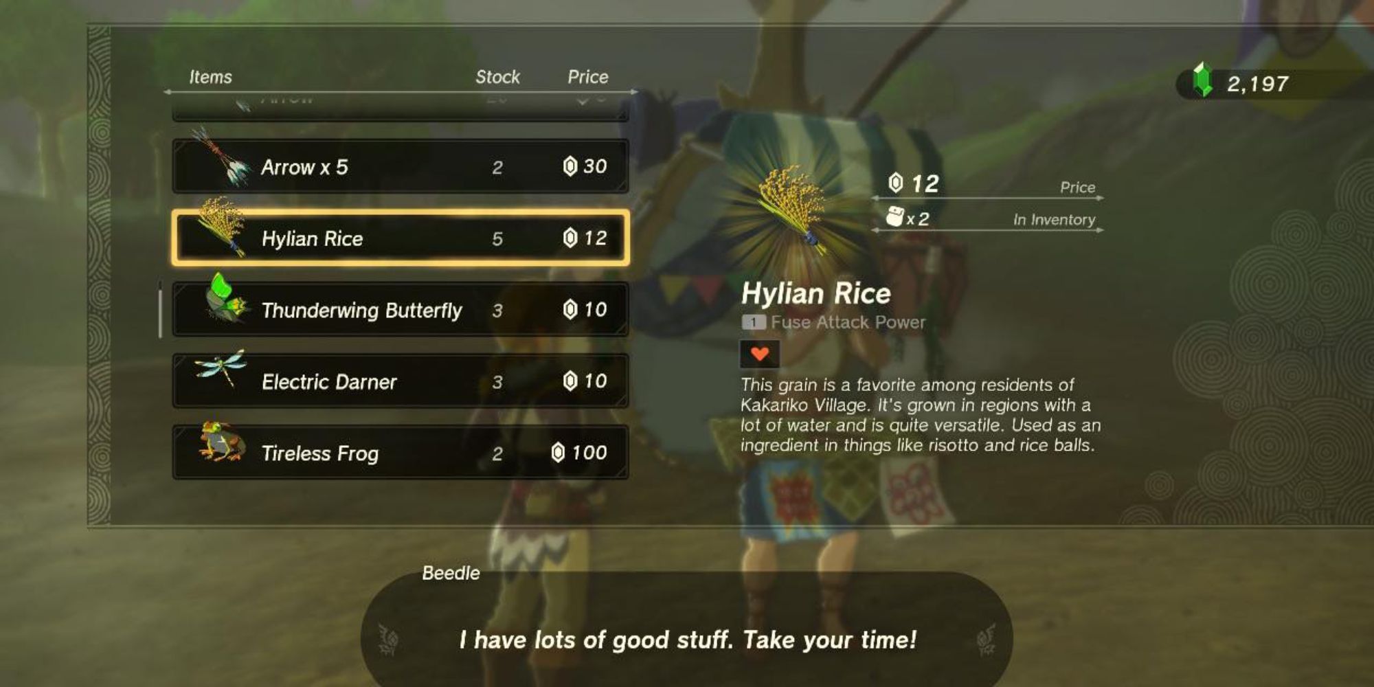 Tears of the Kingdom Beedle Selling Hylian Rice at Riverside Stable