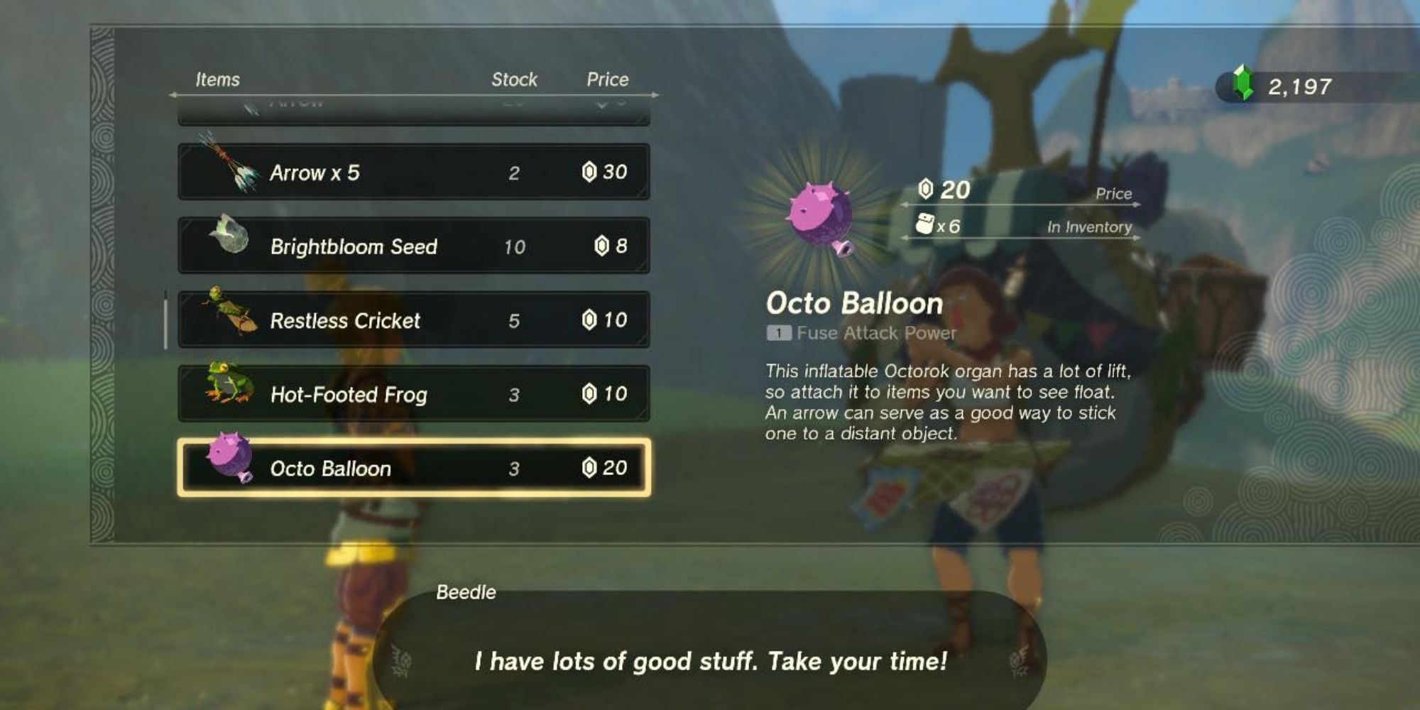Tears of the Kingdom Beedle Selling Octo Balloons at Duelling Peaks Stable