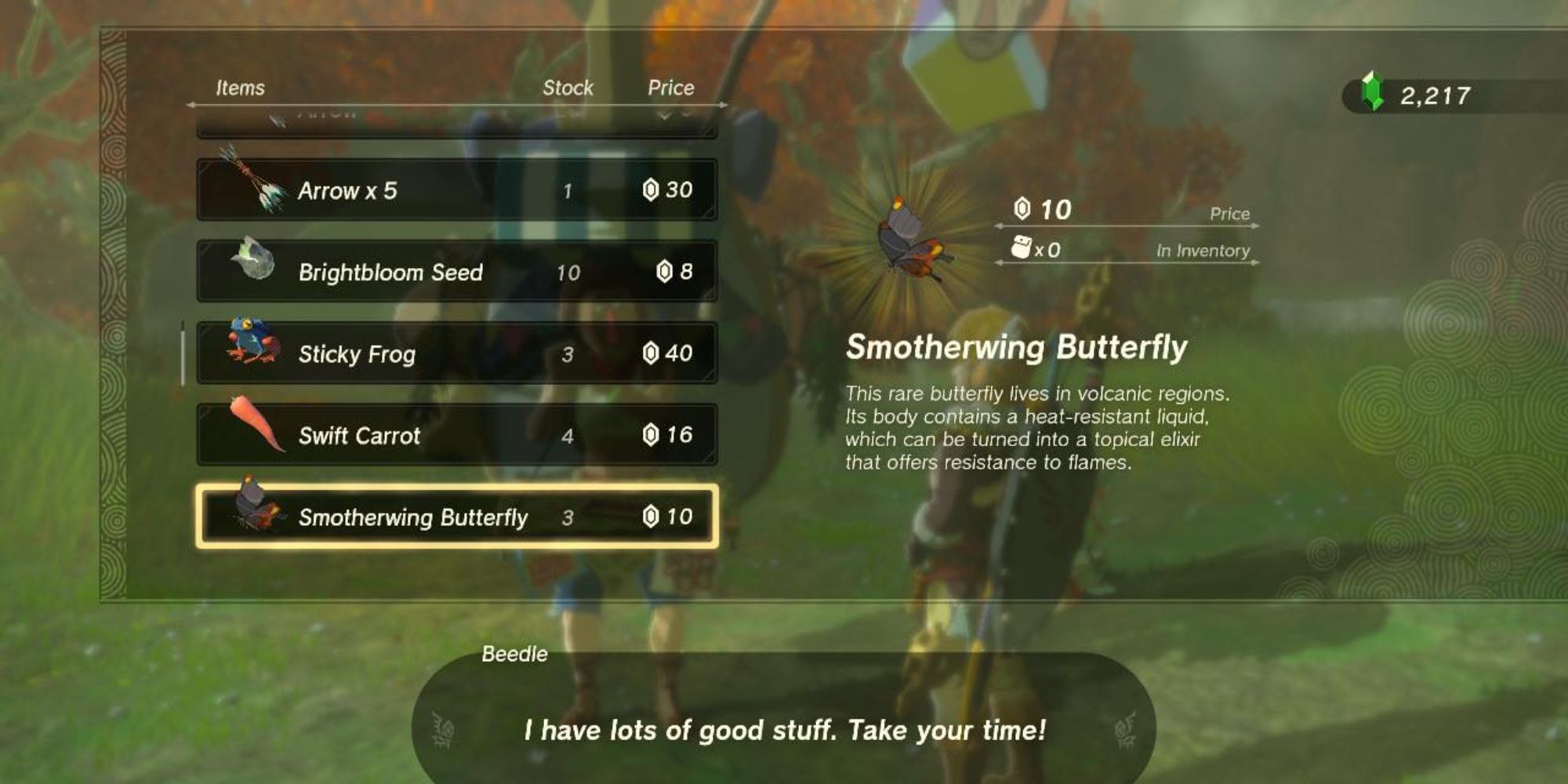 Tears of the Kingdom Beedle Selling Smotherwing Butterflies at East Akkala Stable