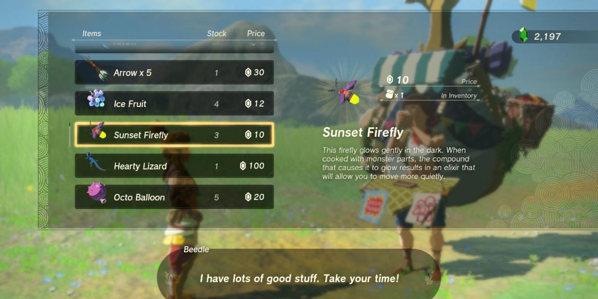 Tears of the Kingdom Beedle Selling Sunset Fireflies at Highland Stable