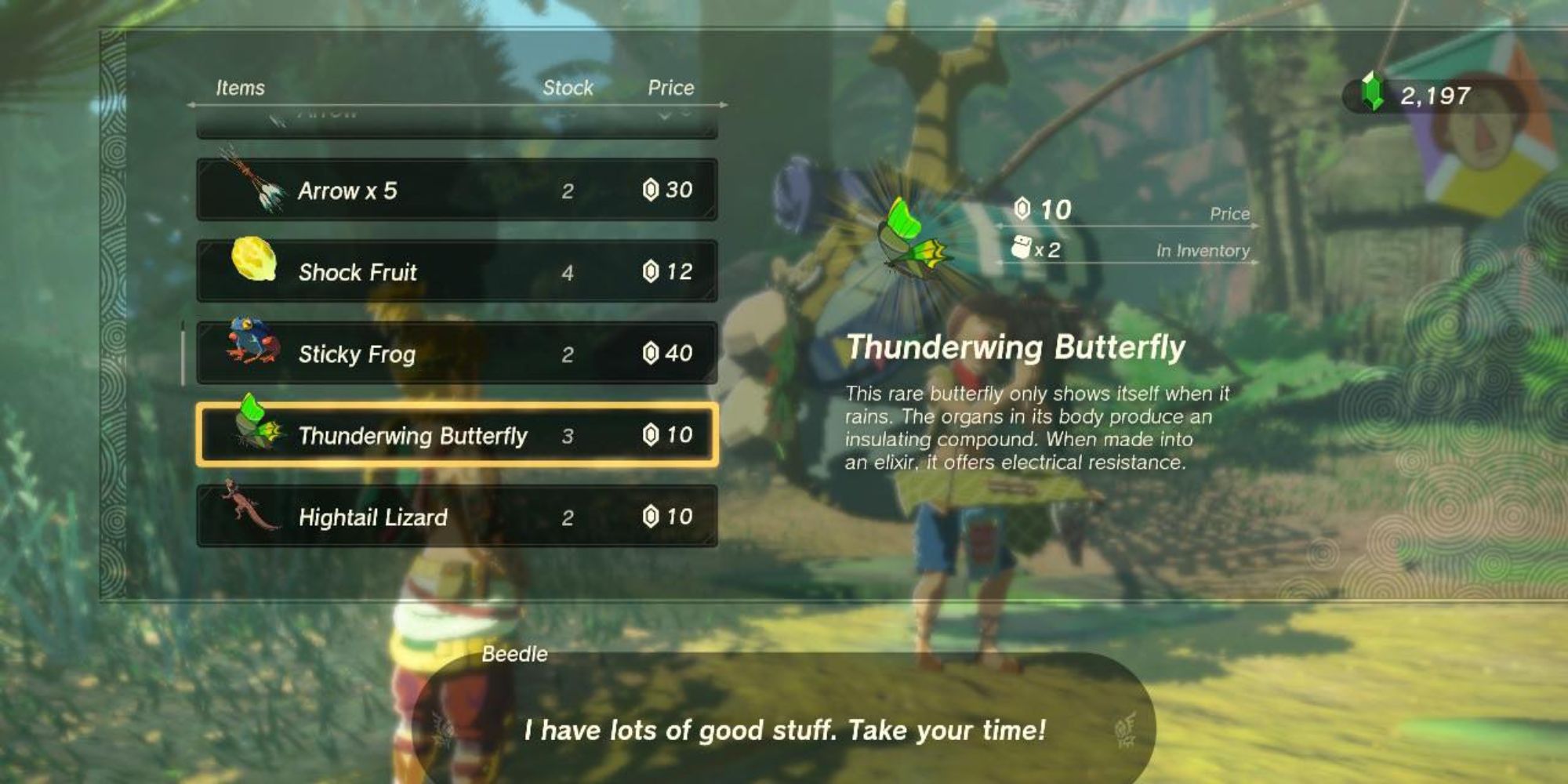 Tears of the Kingdom Beedle Selling Thunderwing Butterflies at Lakeside Stable