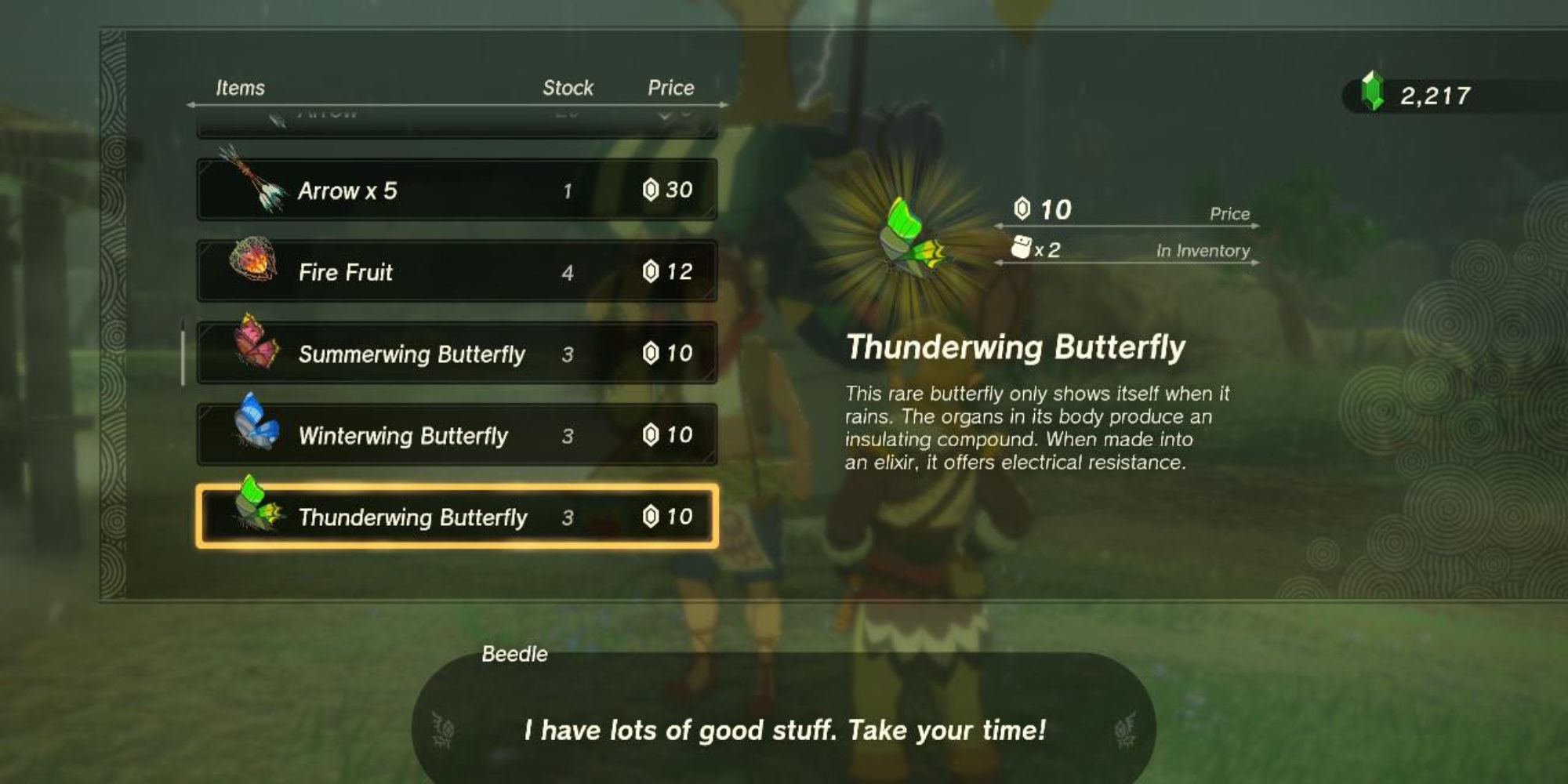 Tears of the Kingdom Beedle Selling Thunderwing Butterflies at Tabantha Bridge Stable