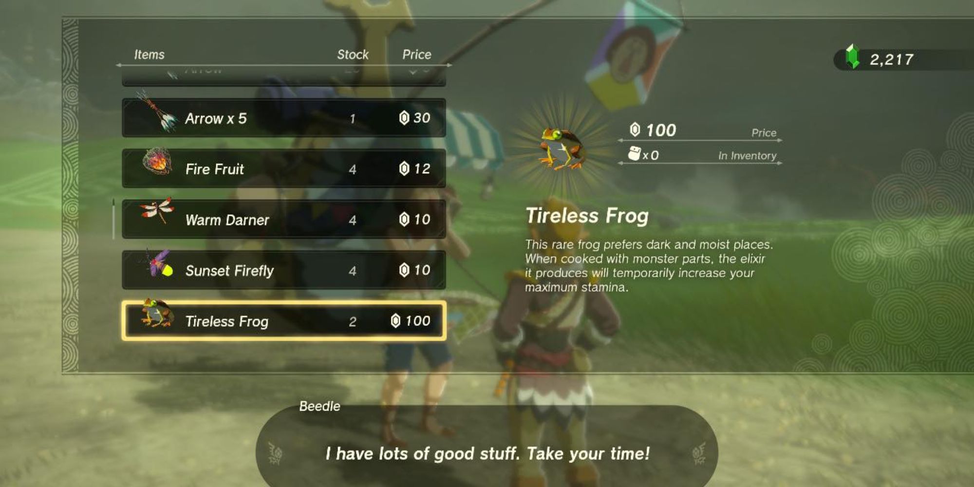 Tears of the Kingdom Beedle Selling Tireless Frogs at New Serrene Stable