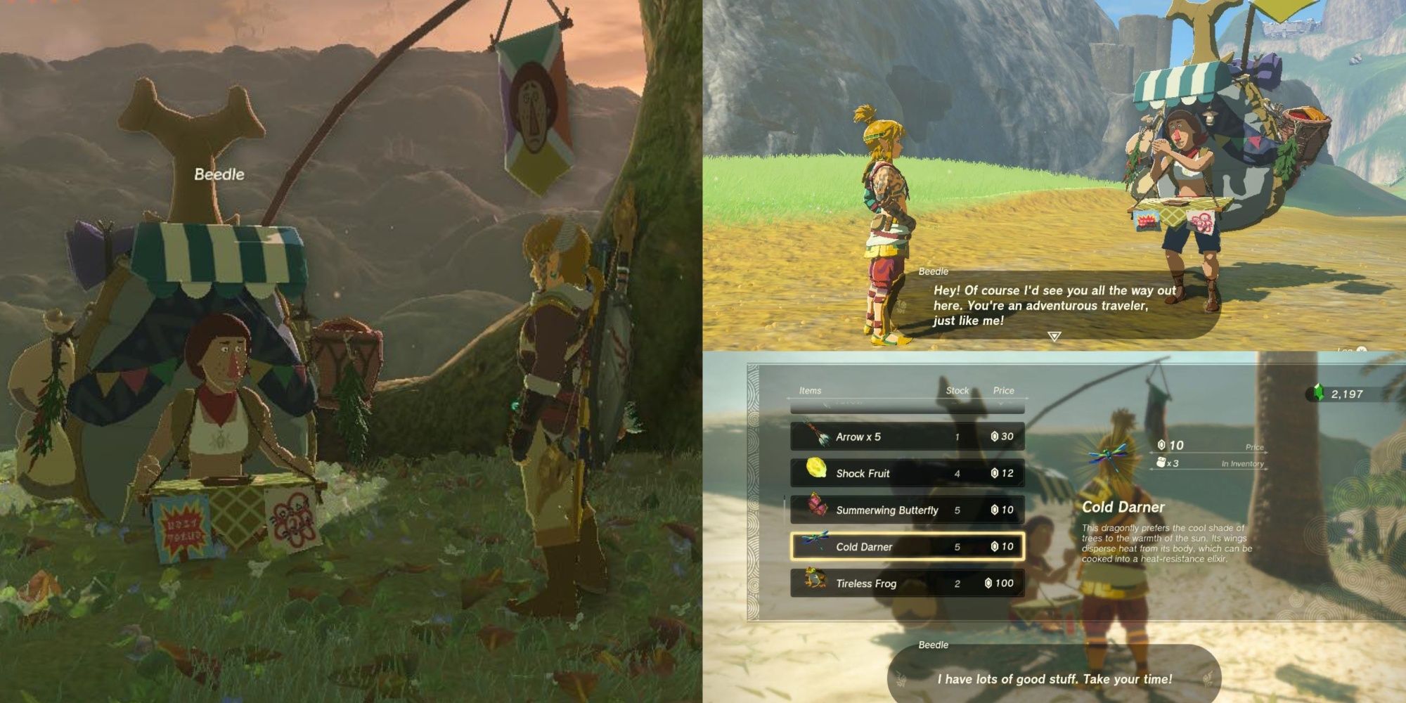 Beedle from Tears of the Kingdom Beedle in various locations with Link
