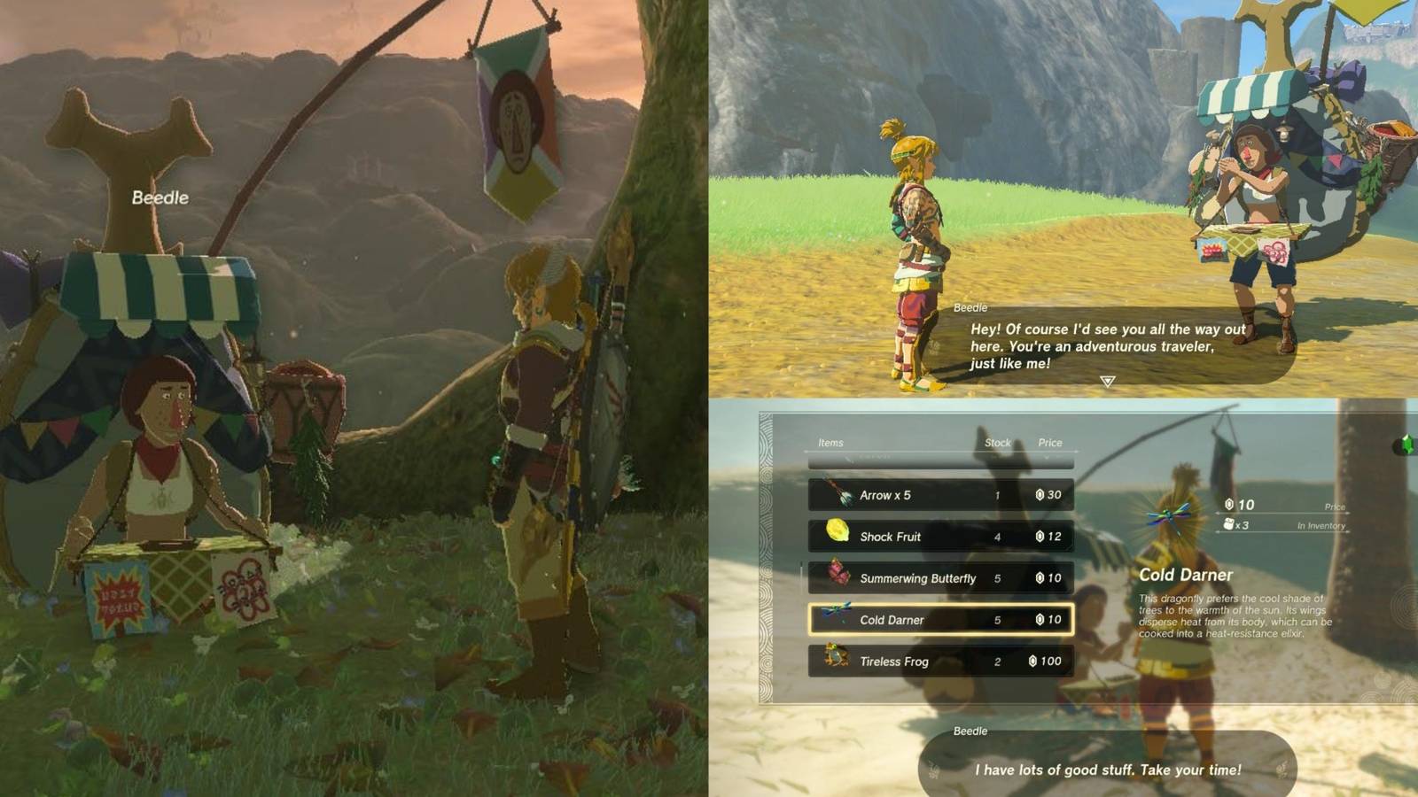 Beedle from Tears of the Kingdom Beedle in various locations with Link