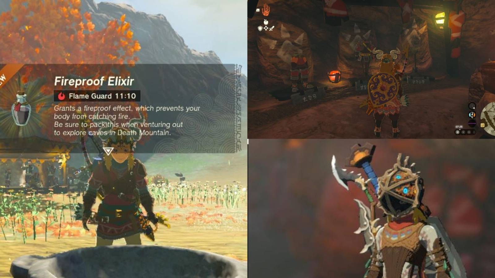 Link from Tears of the Kingdom in some Fireproof gear and making a Fireproof Elixir