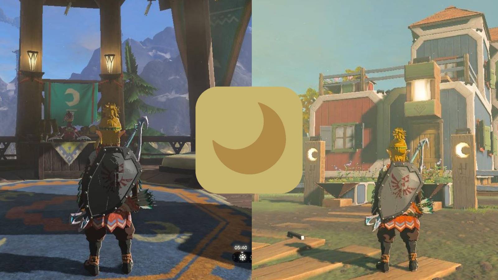 Tears of the Kingdom Inn icon over two images of Link stood at different Inns