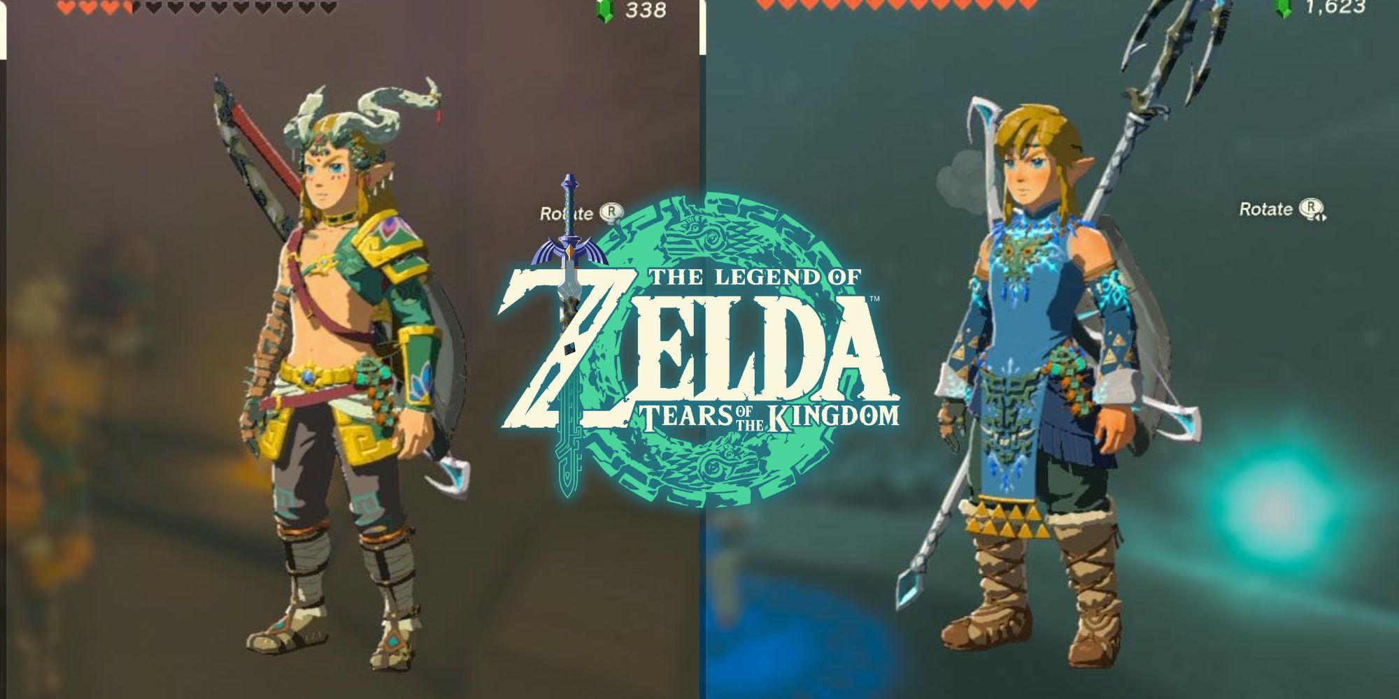 Tears of the Kingdom logo and two images of Link in mixed armor sets