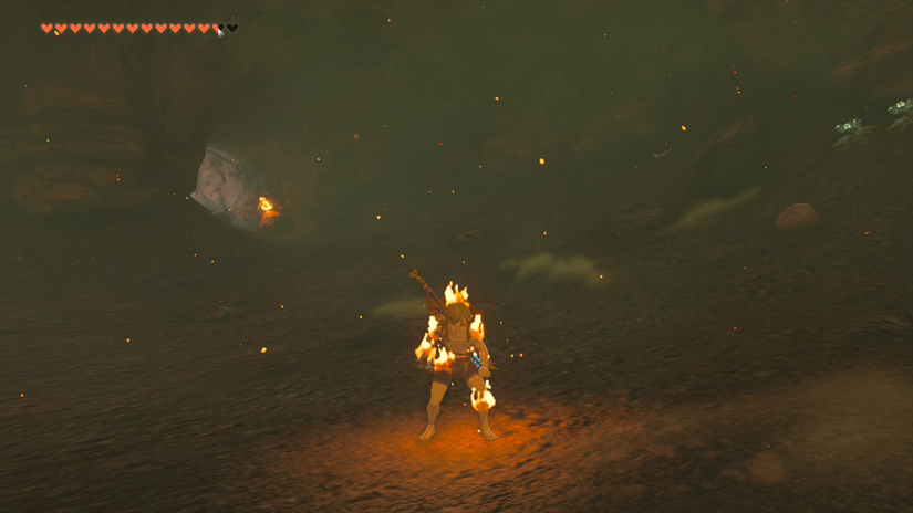 zelda tears of the kingdom link on fire in eldin cave