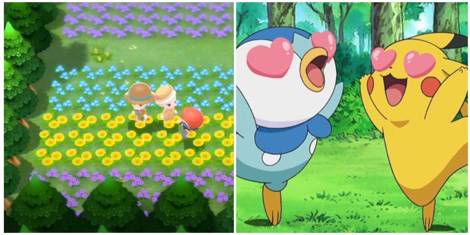 A couple in a flower field and two Pokemon with hearts