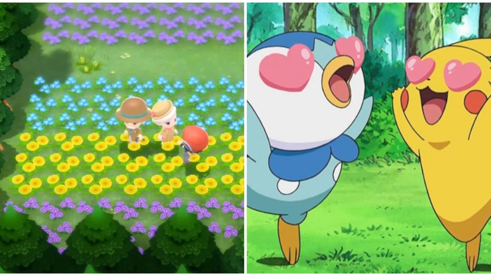 A couple in a flower field and two Pokemon with hearts
