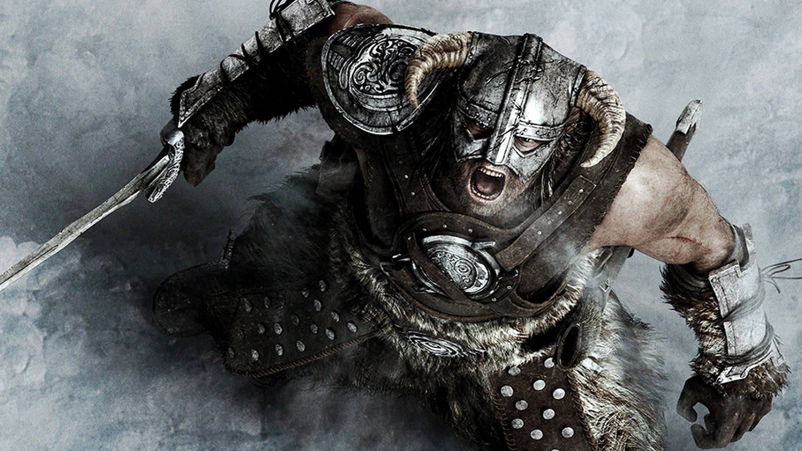 Image from Skryim showing the Dragonborn yelling up to the sky.