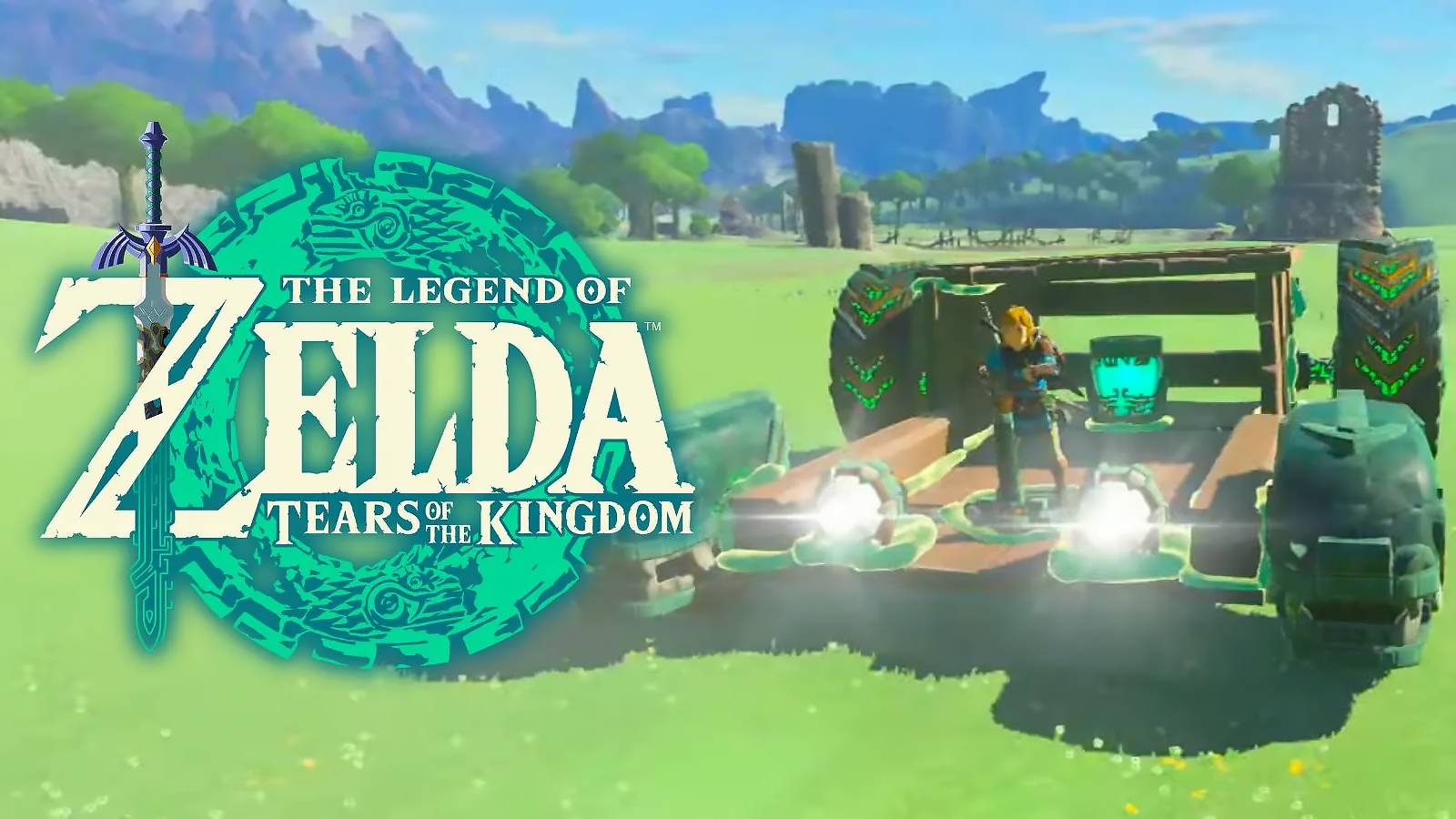 The Legend of Zelda Tears of the Kingdom TOTK Link driving custom car next to game logo