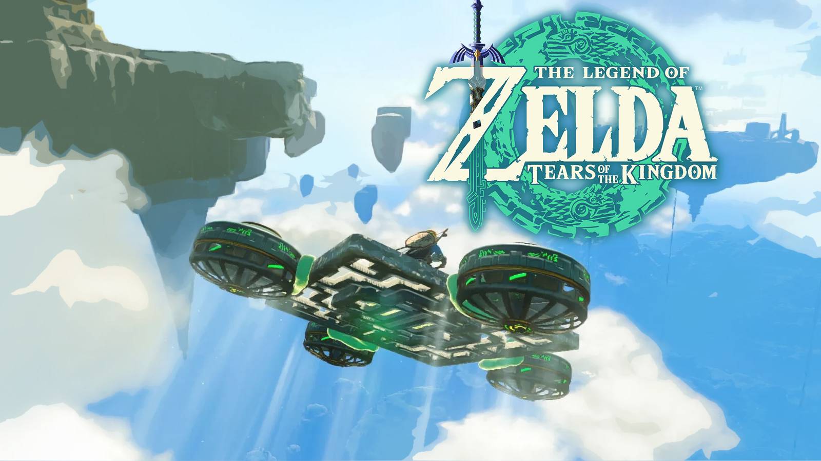 The Legend of Zelda Tears of the Kingdom TOTK Link flying on makeshift hovercraft