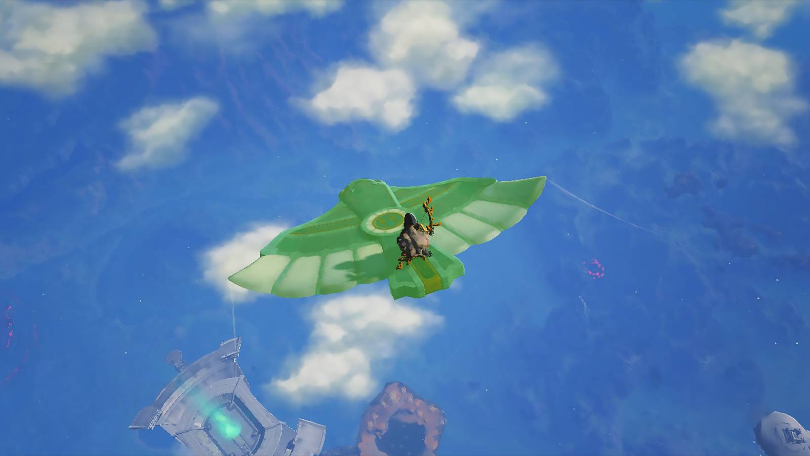 The Legend of Zelda Tears of the Kingdom TOTK Link flying on Zonai Wing about to disappear