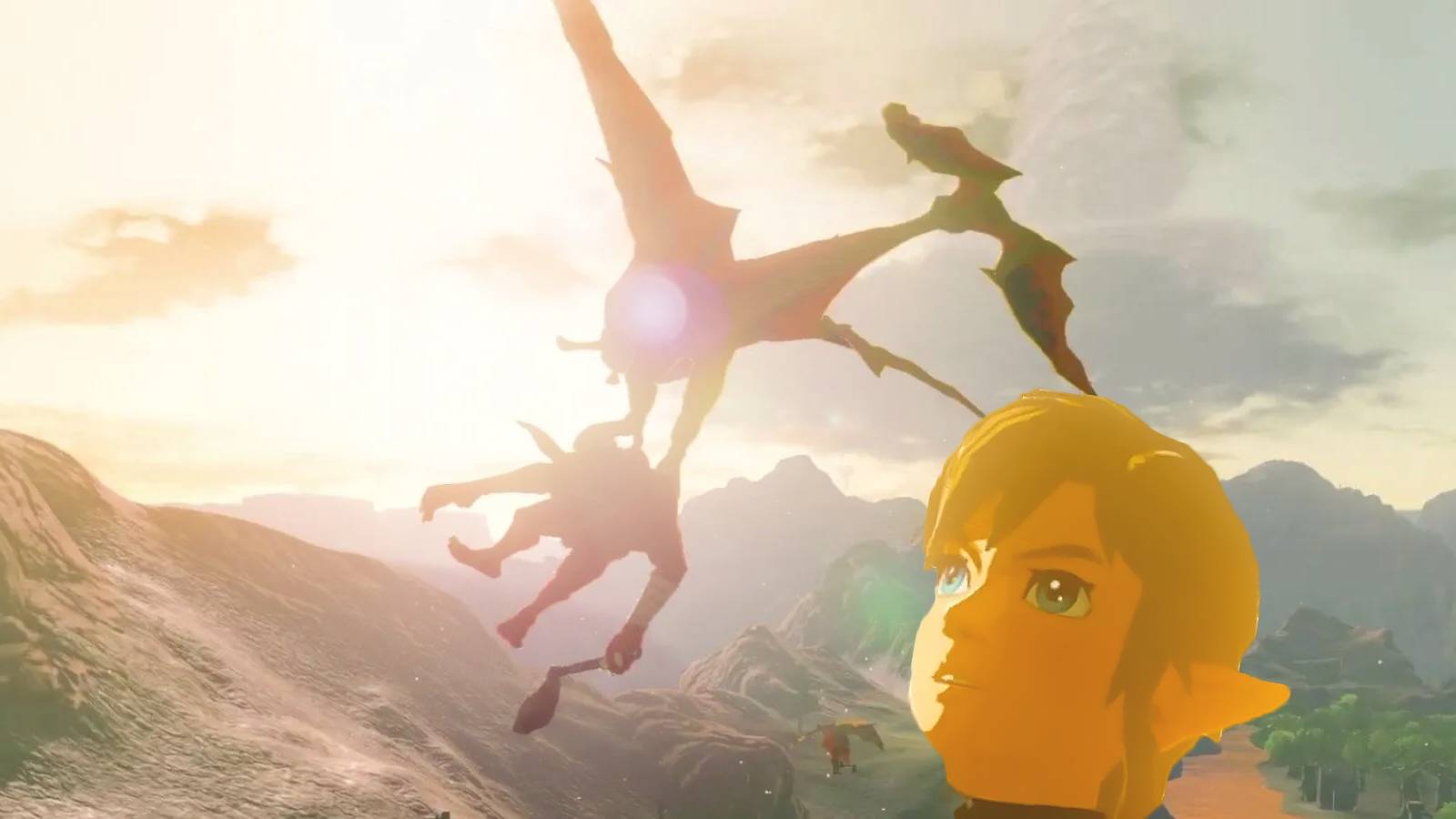 The Legend of Zelda Tears of the Kingdom TOTK Link looking at Aerocuda carrying Bokoblin into sunset