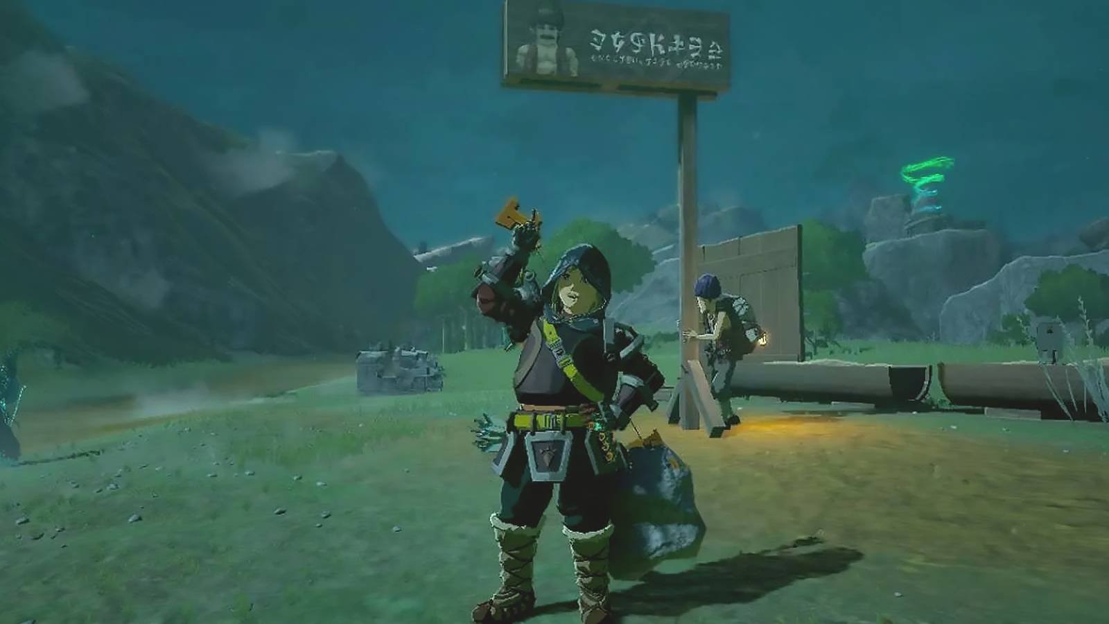 The Legend of Zelda Tears of the Kingdom TOTK Link pointing toward President Hudson sign