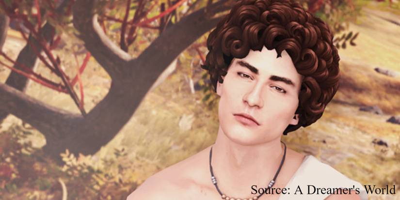 A toga-wearing, curly-haired Sim stares dreamily created by A Dreamer's World