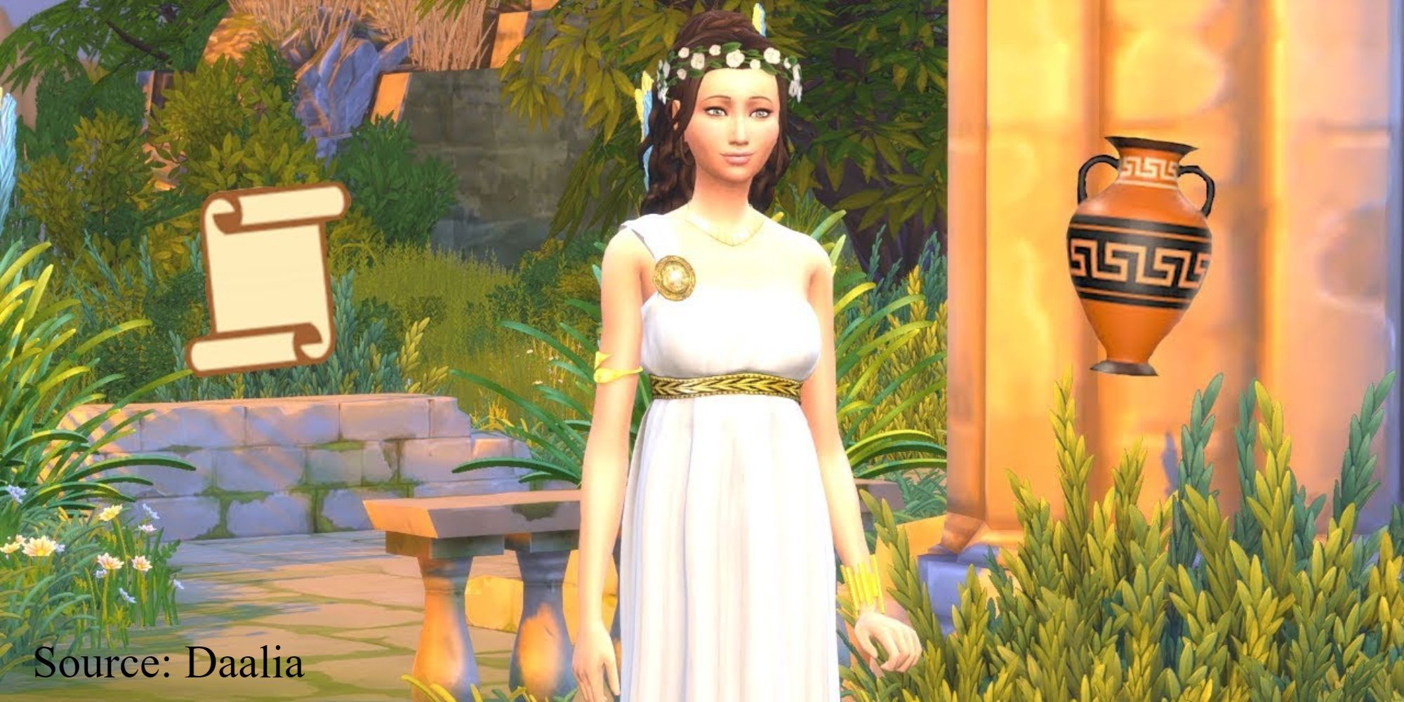A Sim in a Greek toga and a flower crown made by Daalia