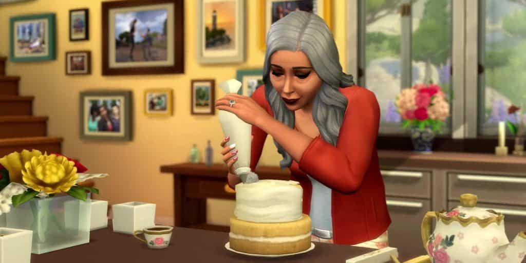 An elder Sim improves her baking and cooking skills by decorating a cake