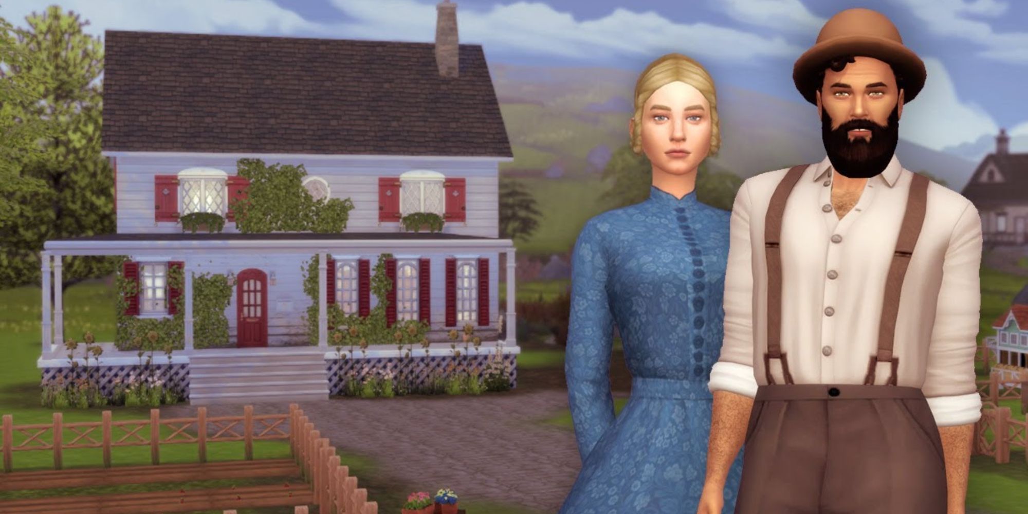 A couple from the Sims 4 stands in front of their house for the Decades Challenge