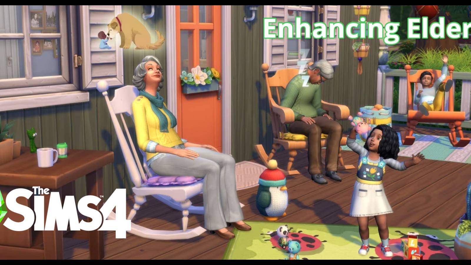 Grandparents daydreaming on the front porch while their grandkids play outside