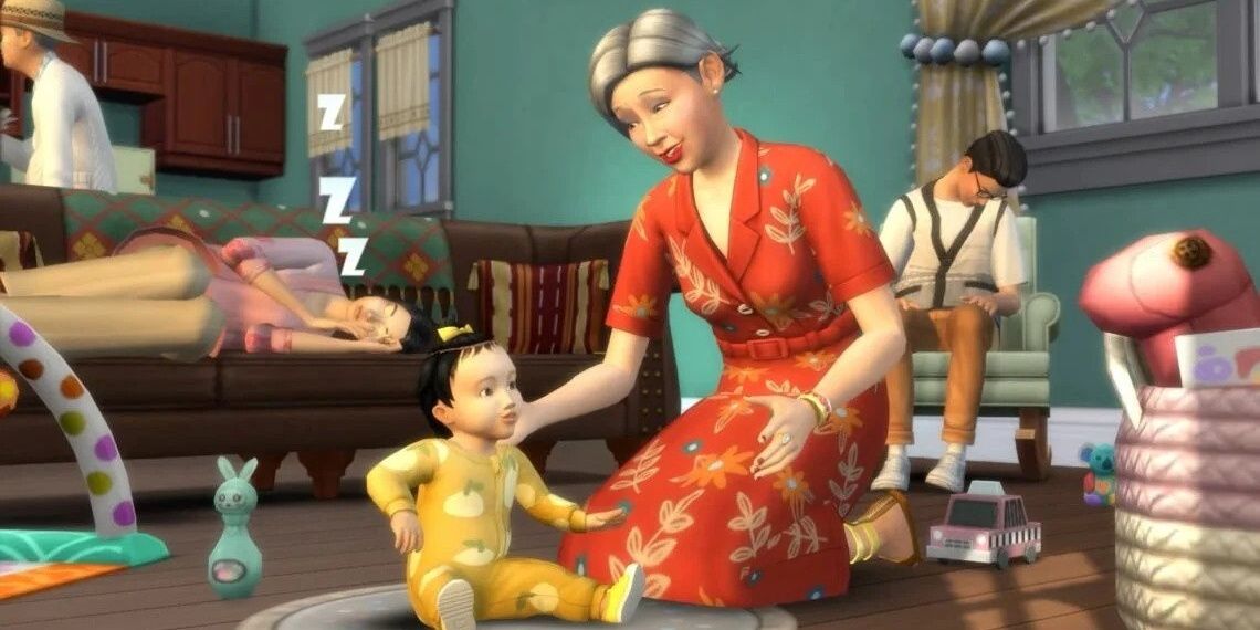 An elder grandmother Sim plays with her granddaughter while the parents nap